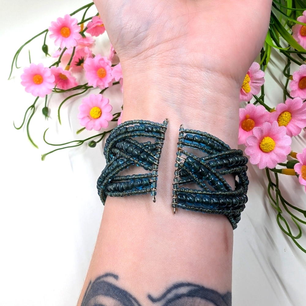 Bright Blue Beaded Handmade Vintage Cuff Style Bracelet - Picture 3 of 4